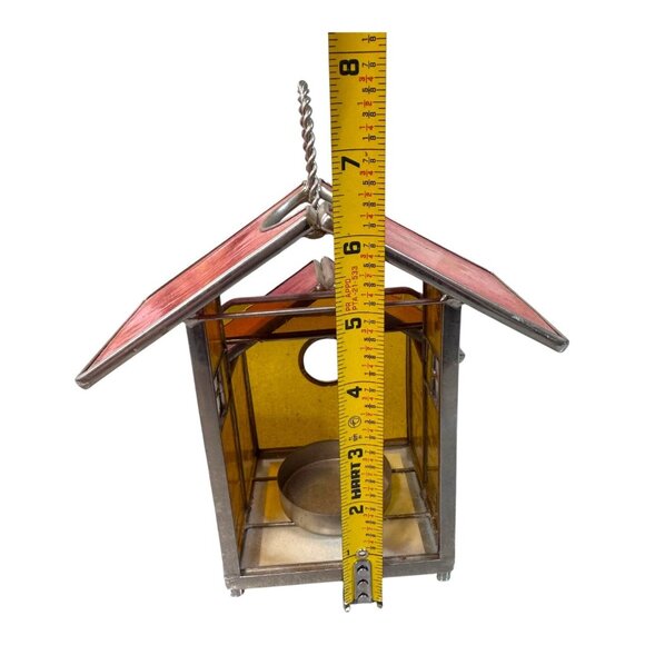 Slag stained glass leaded Lantern Bird House Tea light Candleholder, Red and Amb - Picture 5 of 8